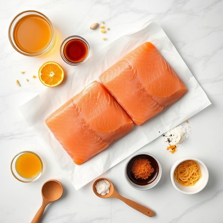 Flat lay of raw salmon, honey, orange juice, soy sauce, ginger, garlic, salt, pepper, orange zest, and measuring tools