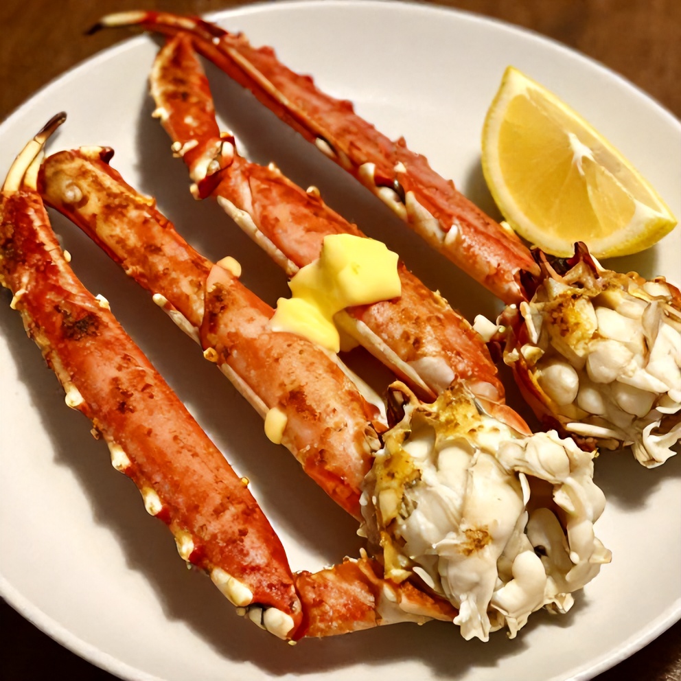 Plated oven baked snow crab legs with melted butter and lemon wedges