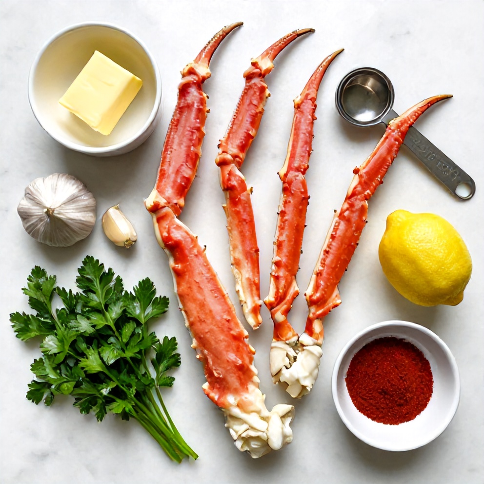 Raw snow crab legs, garlic, butter, lemon, parsley, and paprika arranged on a wooden board