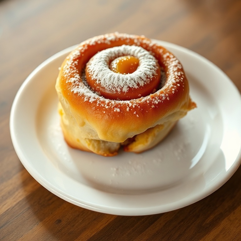 Final plated Peach Pie Cinnamon Roll garnish with powdered sugar