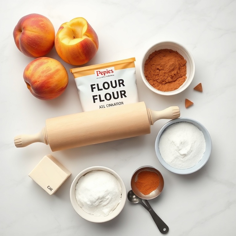 Flat lay of all six key ingredients for Peach Pie Cinnamon Roll