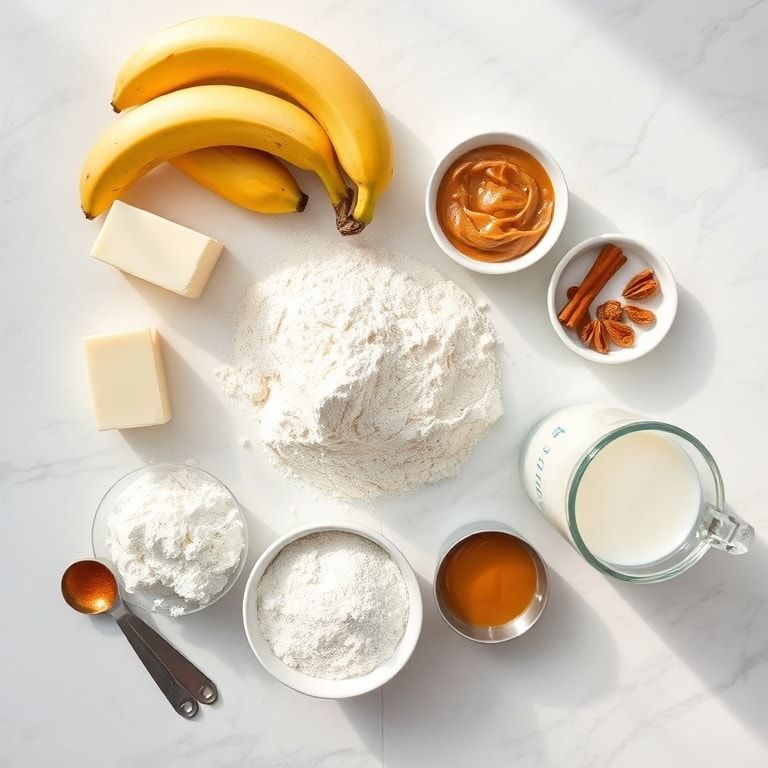 Display of flour, milk, yeast, sugar, bananas, peanut butter, cinnamon, and vanilla