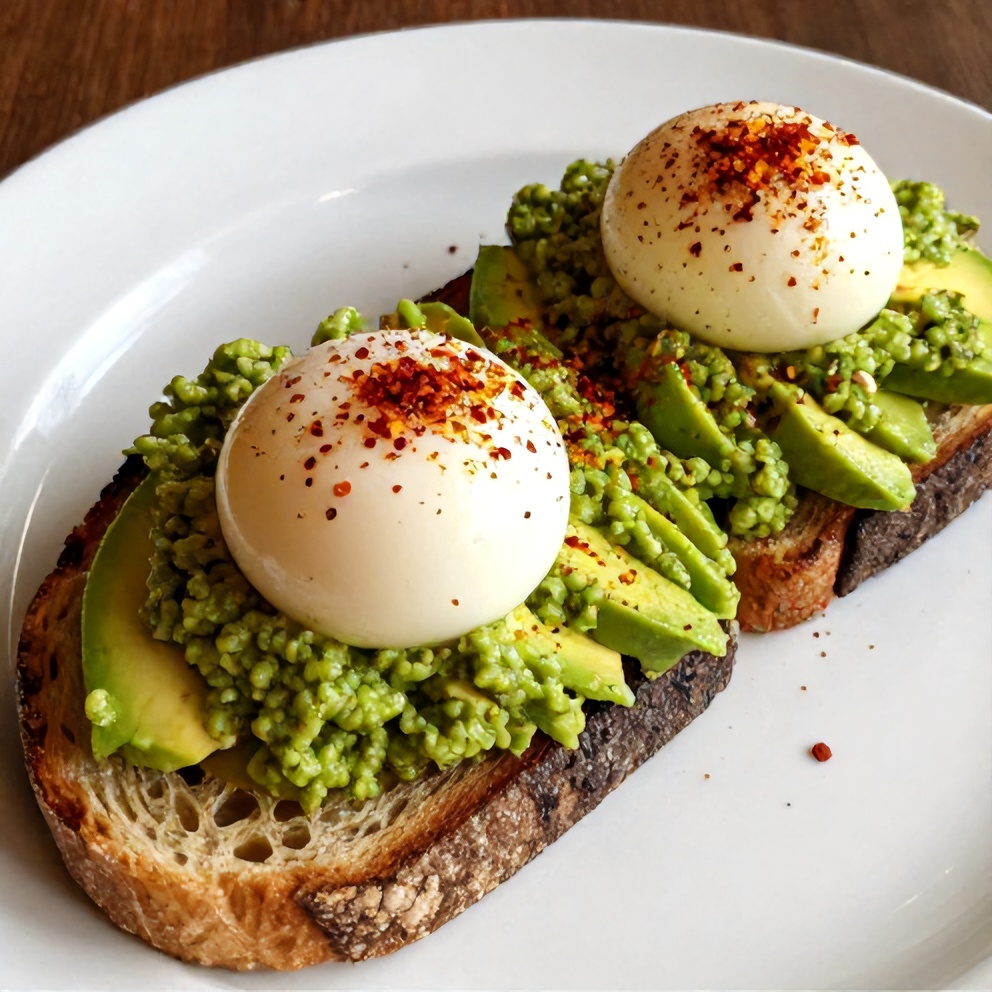 Pesto Eggs on Avocado Toast on a white plate with a sprinkle of red pepper flakes