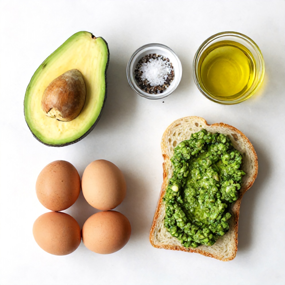 Avocado, eggs, pesto, bread, salt, pepper, and olive oil on a white marble counter