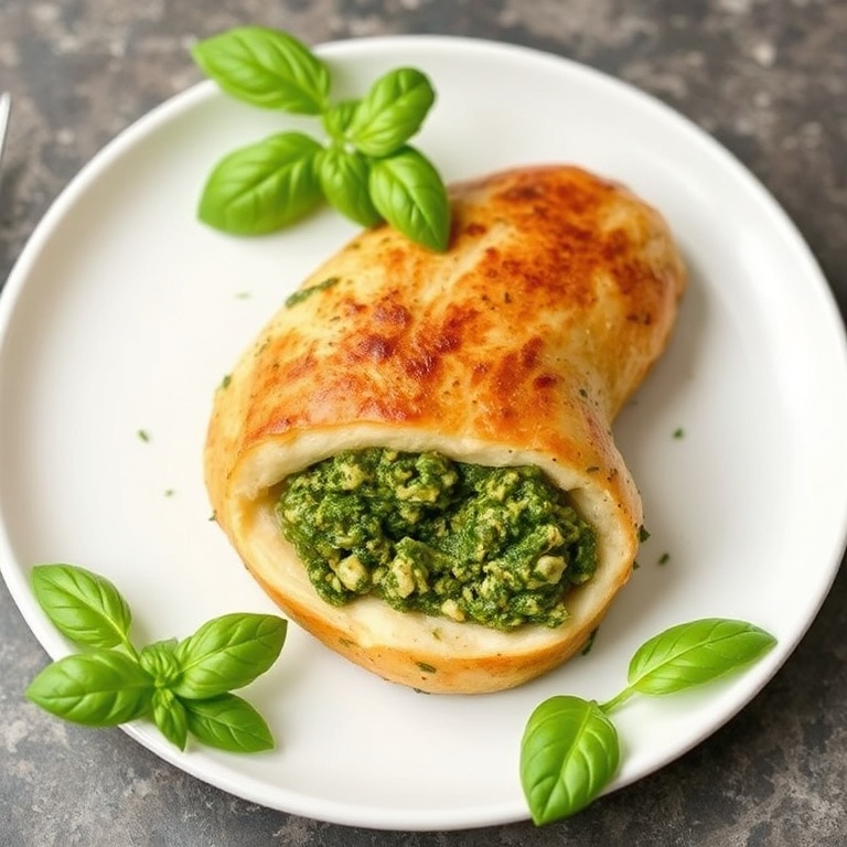 Pesto Stuffed Chicken Breast on white plate with fresh basil garnish