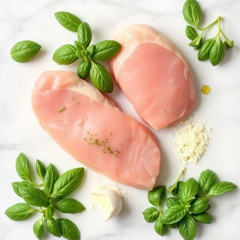 Raw ingredients for Pesto Stuffed Chicken Breast: chicken breasts, fresh basil, Parmesan, garlic, olive oil on white marble surface