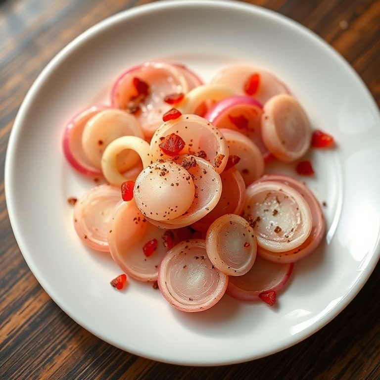 Plated sumac onions with a sprinkle of sumac. Close crop. White porcelain plate. Warm side lighting. Photorealistic food photography.