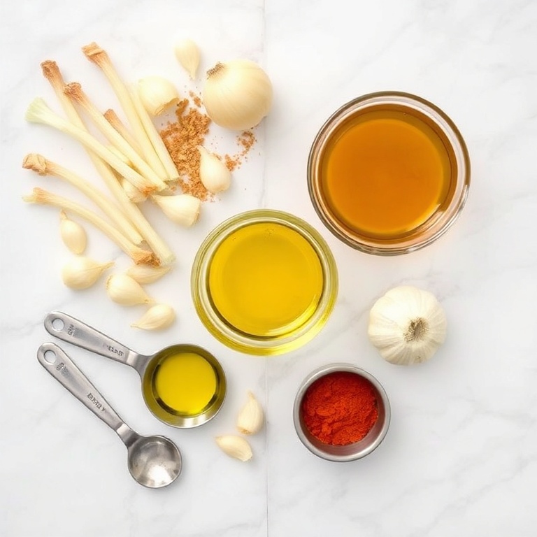 Raw yellow onions, sumac, olive oil, garlic, and paprika arranged in a flat lay. Measuring spoons and bowls visible. White marble surface. Bright even light.