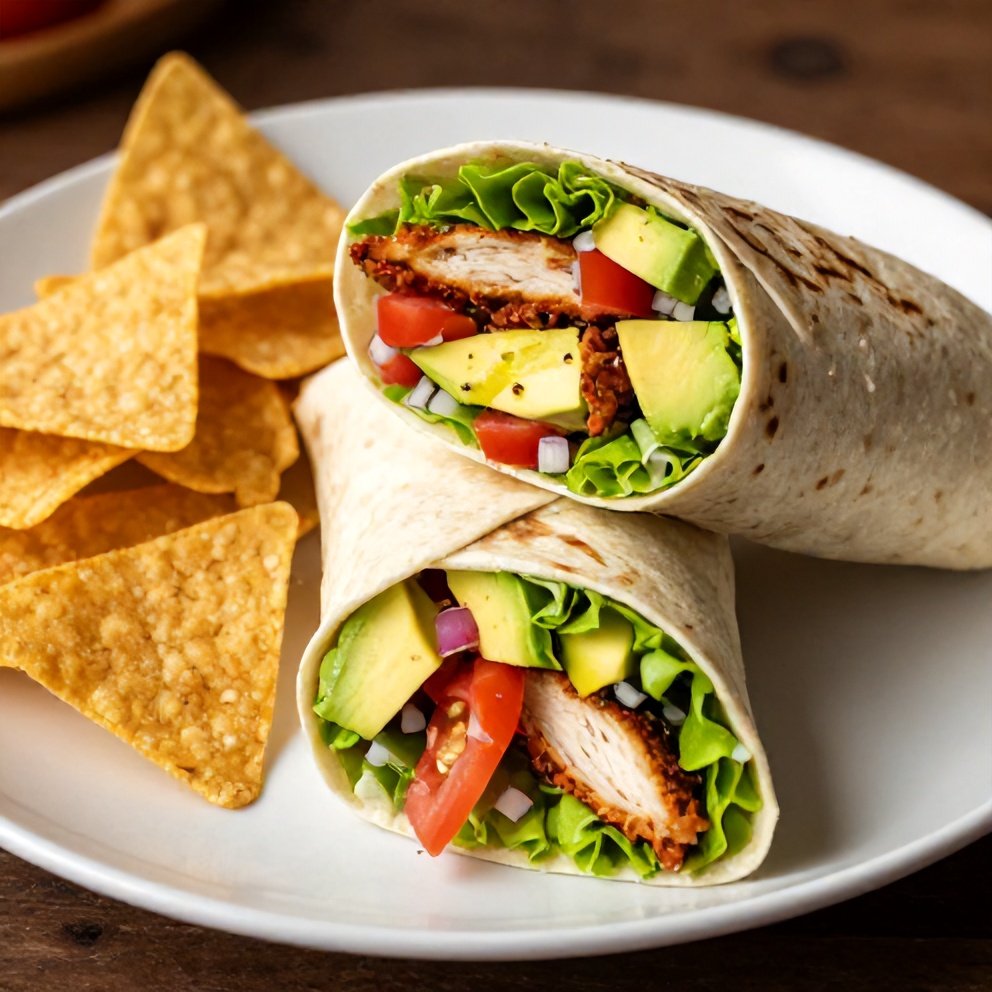 Plated chicken avocado wrap with a side of chips
