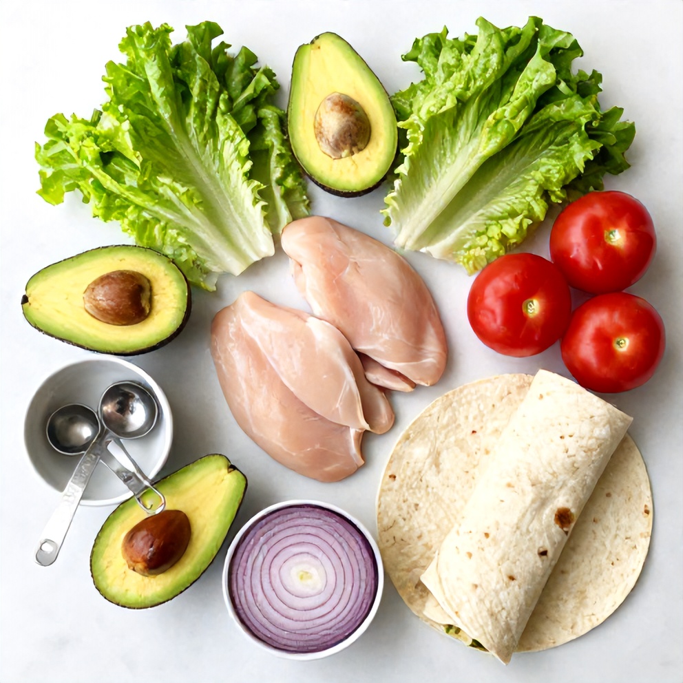 Raw ingredients for chicken avocado wrap on a marble surface