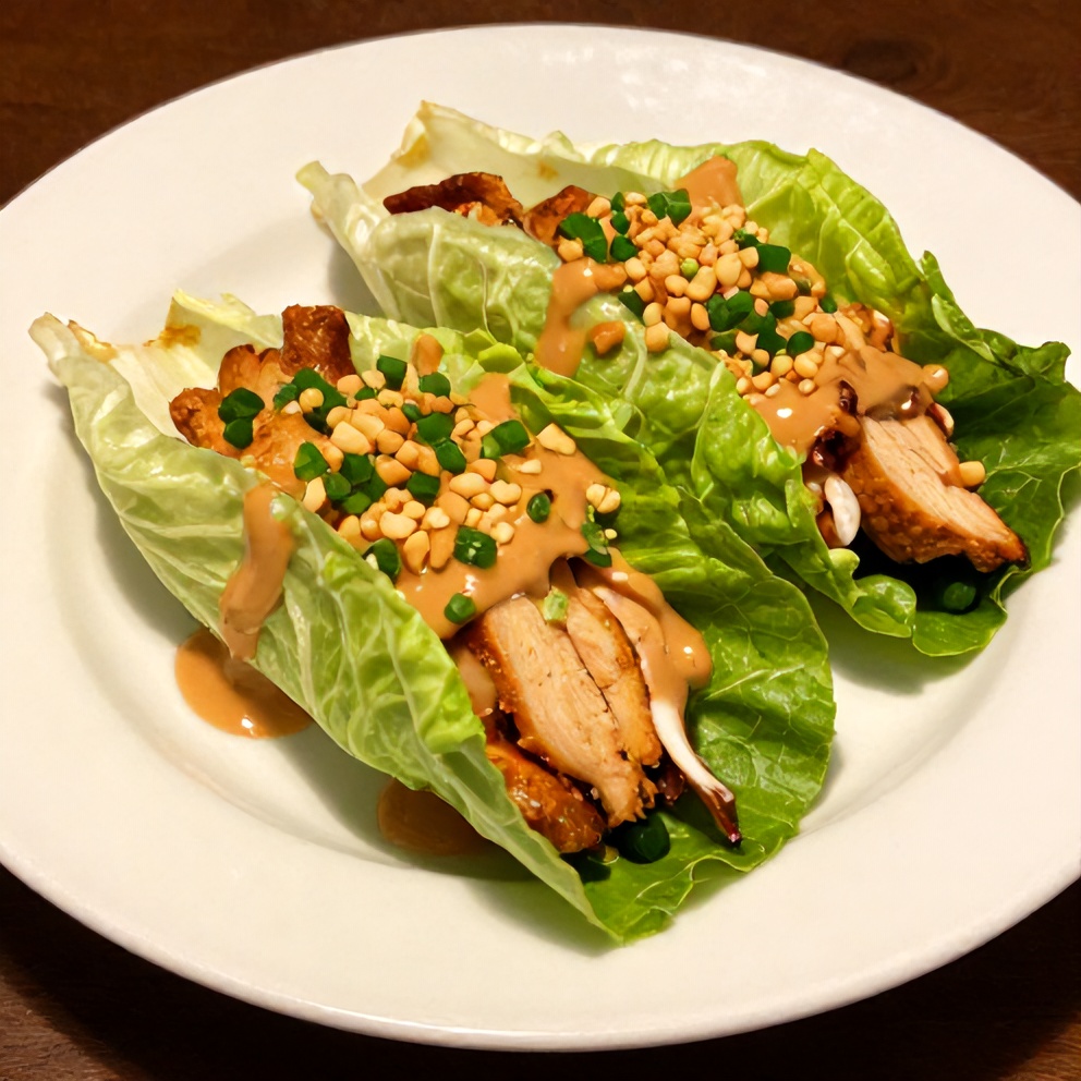 Plated chicken lettuce wraps with peanut sauce