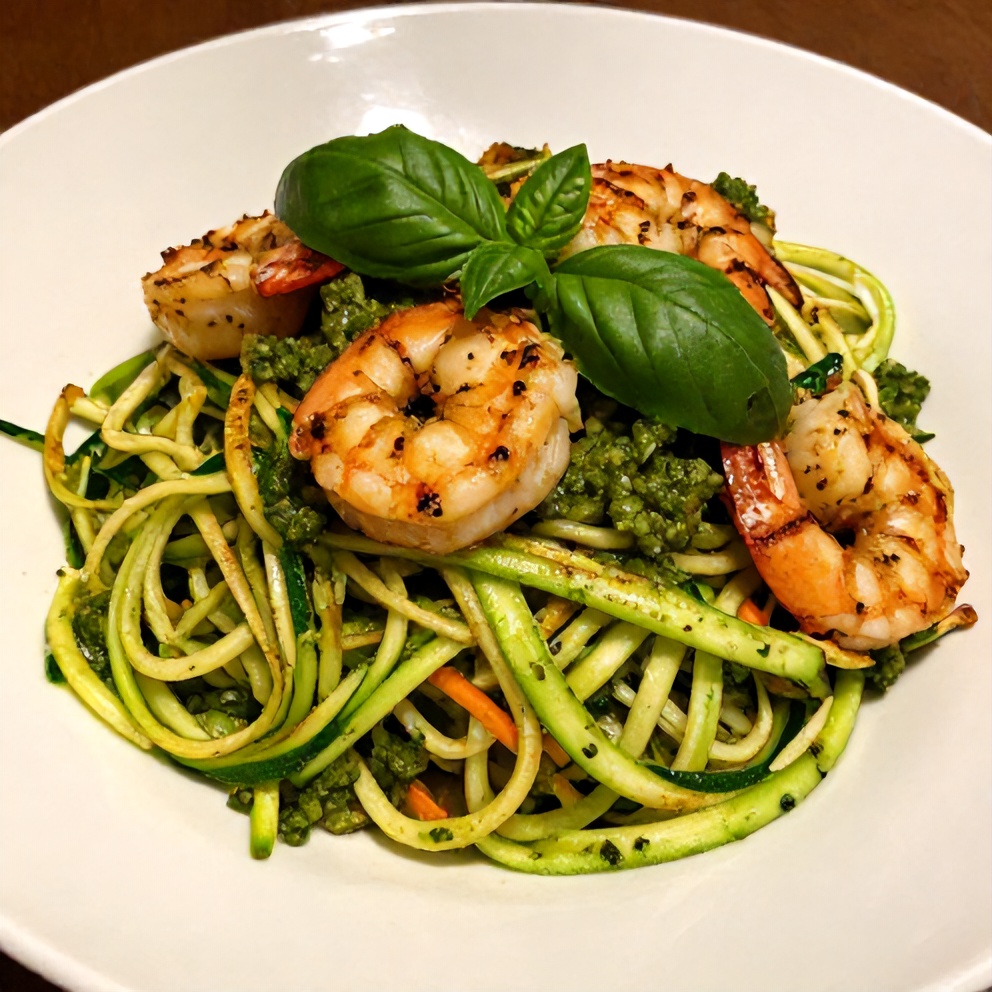 Plated zucchini noodles with pesto and grilled shrimp