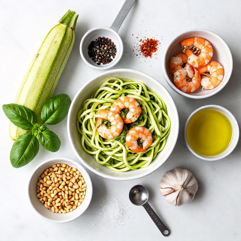 Raw ingredients for zucchini noodles with pesto and shrimp