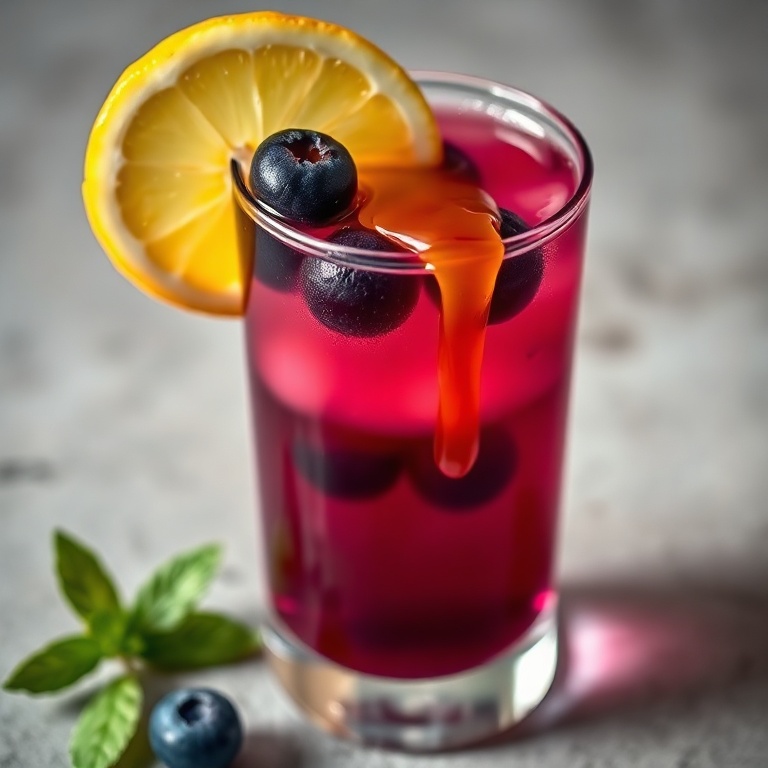 A single glass of blueberry lemon shot with a slice of ginger and a drizzle of honey on top. The glass is clear, showing the drink's vibrant color and texture. Warm side lighting highlights the ingredients.