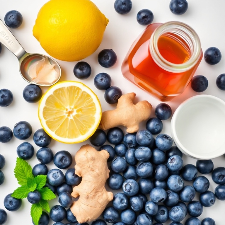 A flat lay of fresh blueberries, a lemon, a piece of ginger, and a jar of honey. Measuring spoons and a small bowl are visible. Bright even light reflects off the ingredients.
