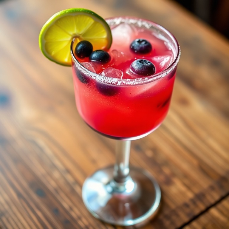A chilled margarita glass filled with a vibrant blueberry pineapple margarita. A lime wedge sits on the rim. The glass is placed on a wooden table with a soft light casting a warm glow.