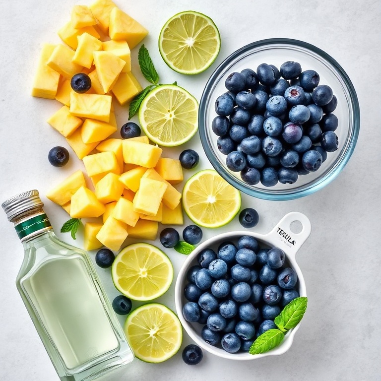A flat lay of fresh blueberries, pineapple chunks, lime wedges, and a bottle of tequila. Measuring cups and a mixing bowl are visible. Bright even light highlights the fresh ingredients.