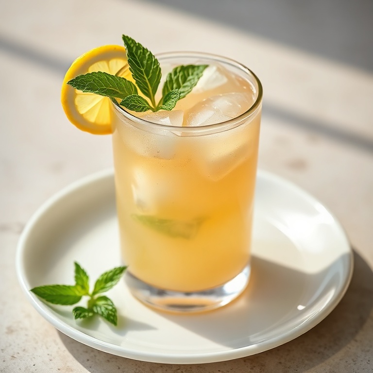 Perfectly plated iced guava white tea lemonade in a glass with a lemon slice and mint garnish