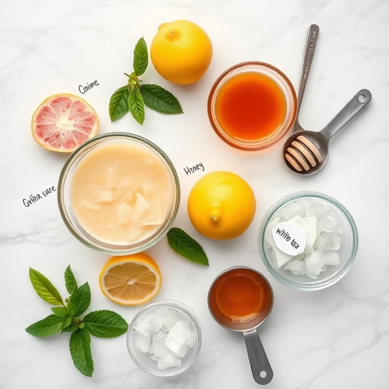 Guava slices, white tea bags, fresh lemons, sugar, and ice arranged in a flat lay on a white marble surface