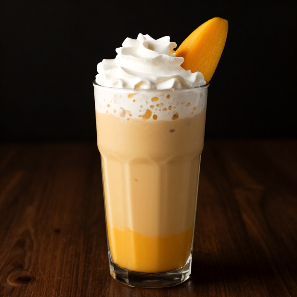 A single serving of the iced mango matcha latte, topped with a dollop of whipped cream and a mango slice. The glass is filled to the top with a smooth, cool texture.