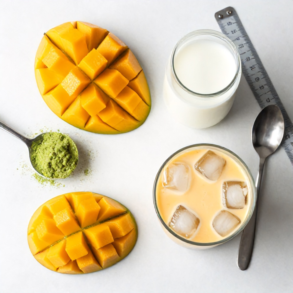 A flat lay of fresh mangoes, matcha powder, milk, ice cubes, and a glass for the iced mango matcha latte. Measuring tools and a spoon are nearby.