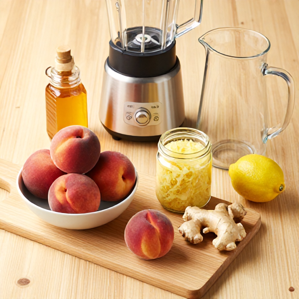 Peach Ginger Lemonade ingredients on a wooden surface
