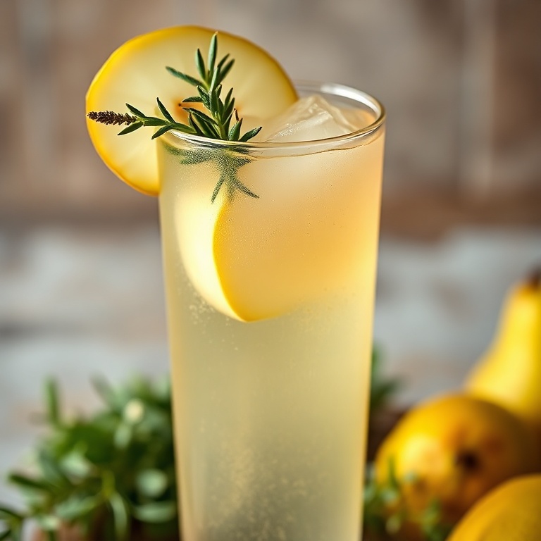 A tall glass of refreshing pear thyme mocktail with a sprig of thyme and a slice of pear on the rim.