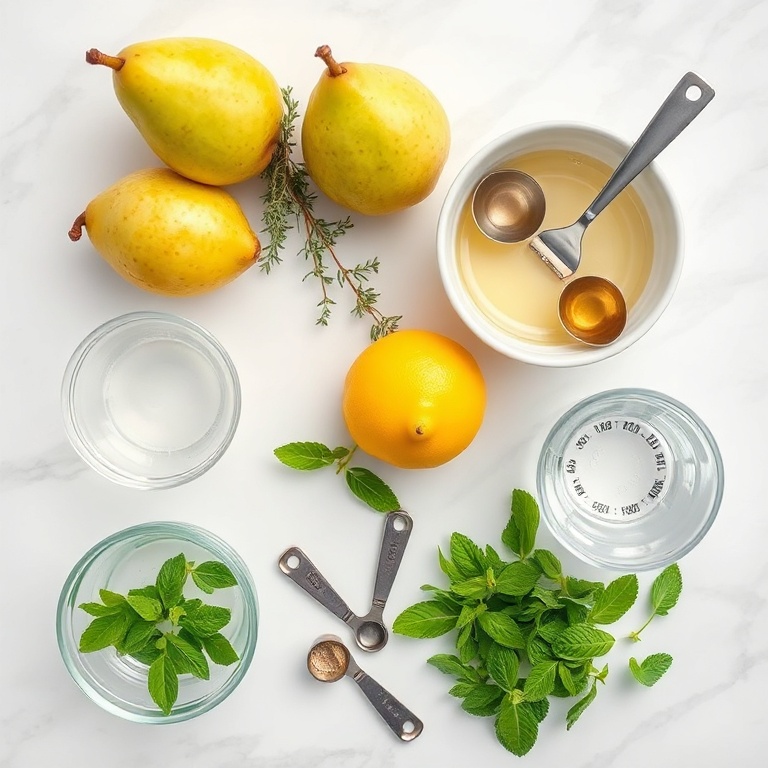 Raw ingredients for a pear thyme mocktail: pears, fresh thyme, lemon, mint, and sparkling water.