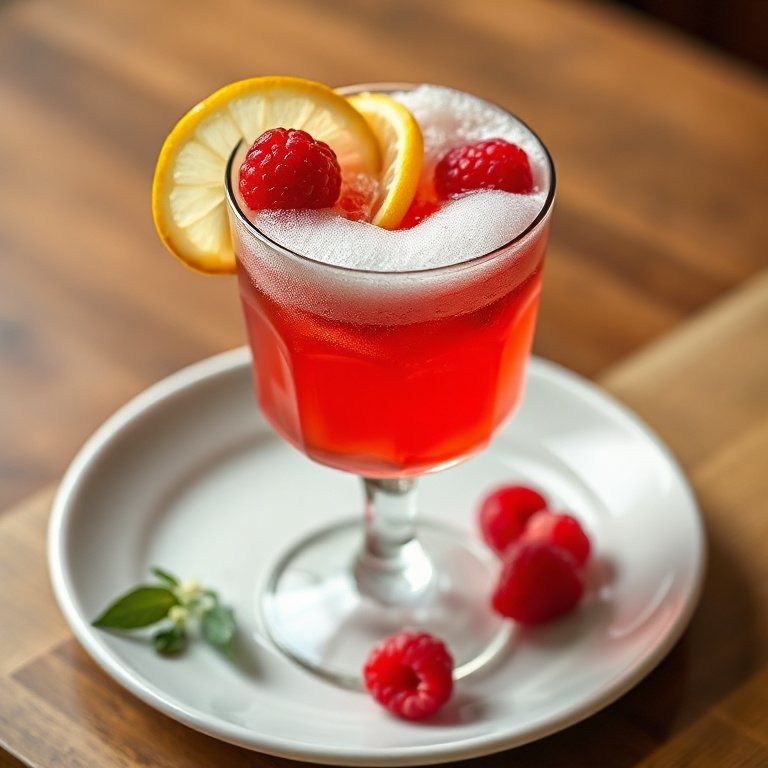 A perfect plated serving of a raspberry limoncello spritz in a glass. The drink has a frothy top, fresh raspberries, and a lemon twist. The glass is clear, and the drink is vibrant red. Warm side lighting shows the texture of the drink and the garnish.
