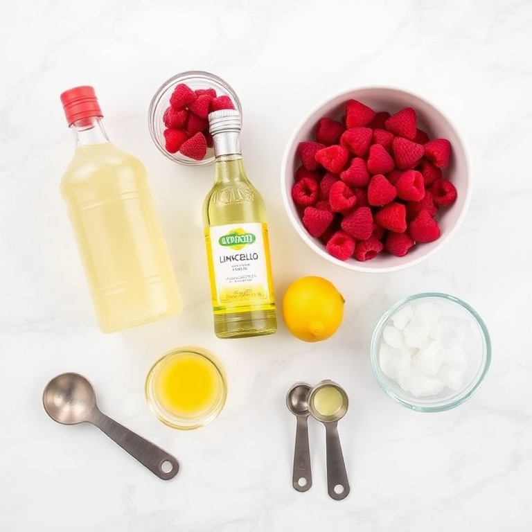 A flat lay of the ingredients for a raspberry limoncello spritz. The main ingredients are fresh raspberries, limoncello, club soda, lemon juice, and ice. Prep bowls, measuring spoons, and cups are visible. The background is a white marble surface with bright even light.