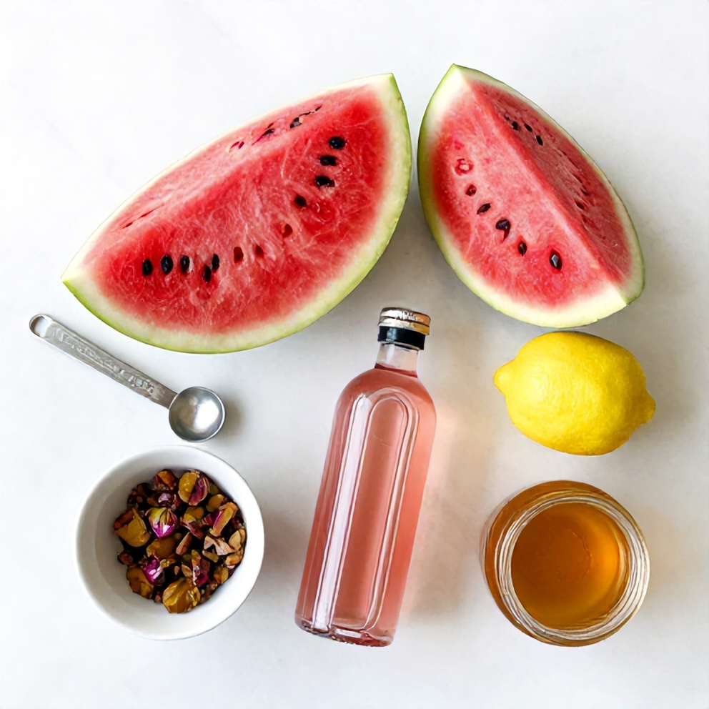 Watermelon, rose water, lemon, and other ingredients for Watermelon Rose Cooler