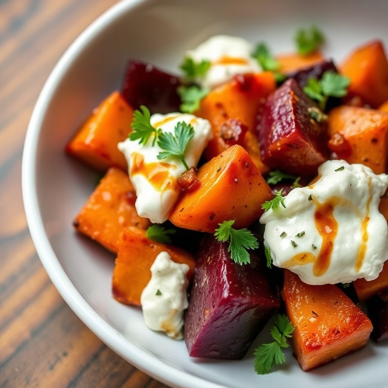 Plated roasted beet and sweet potato salad with creamy ricotta, garnished with fresh herbs and a drizzle of balsamic vinegar