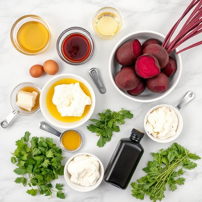 Raw beets, sweet potatoes, ricotta, olive oil, fresh herbs, and balsamic vinegar arranged in an overhead flat lay with measuring tools