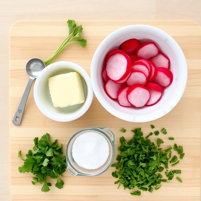 Raw radishes, butter, salt, pepper, parsley