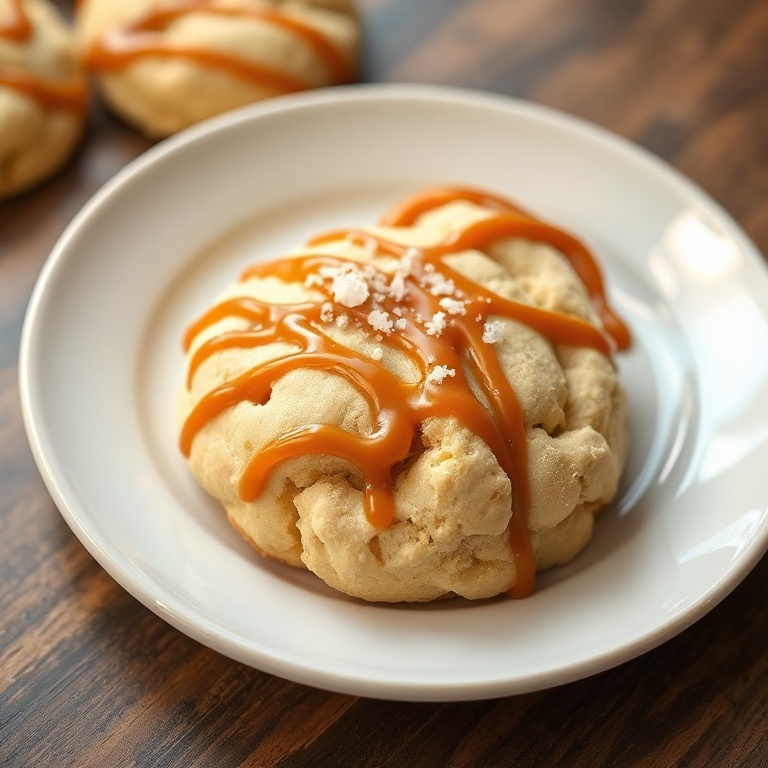 Perfected Salted Caramel White Chocolate Cookies on a white ceramic plate. Caramel drizzle and flaky salt visible on top.