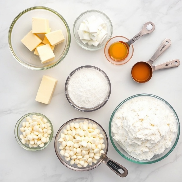All ingredients for Salted Caramel White Chocolate Cookies: butter, sugar, eggs, white chocolate chips, flour, salt, and caramel sauce. Measuring cups and spoons on a white marble surface.