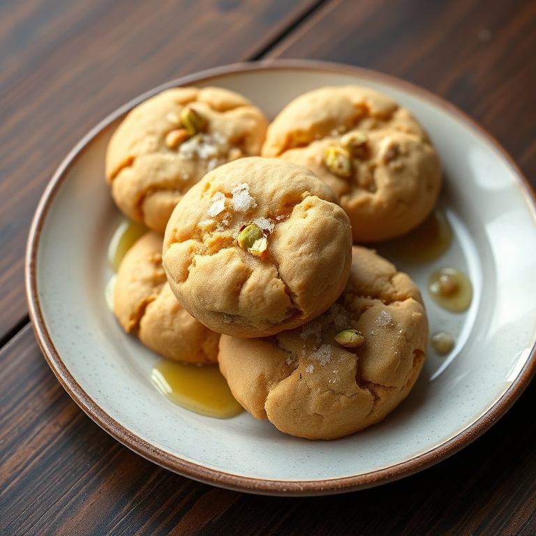 Perfect plated serving of salted honey pistachio cookies with a drizzle of honey and sea salt. Plate with dark wood finish. Warm side lighting highlighting texture. Photorealistic food photography style.