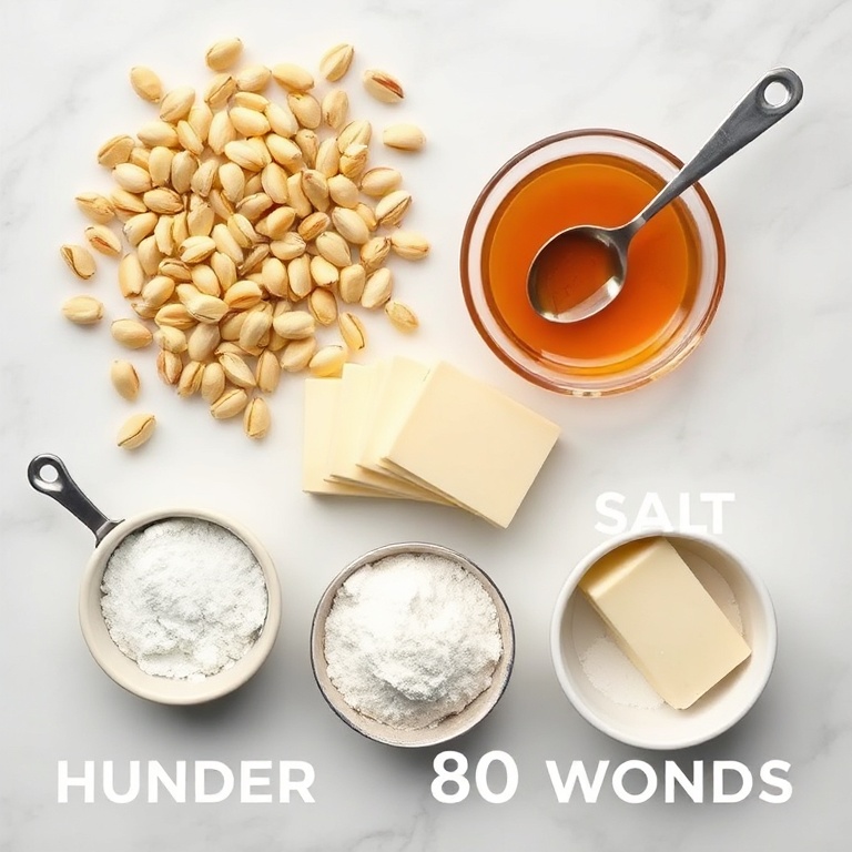 Overhead flat lay of pistachios, honey, flour, butter, and salt. Measuring spoons and bowls visible. White marble surface. Bright even light. Photorealistic overhead food photography style.