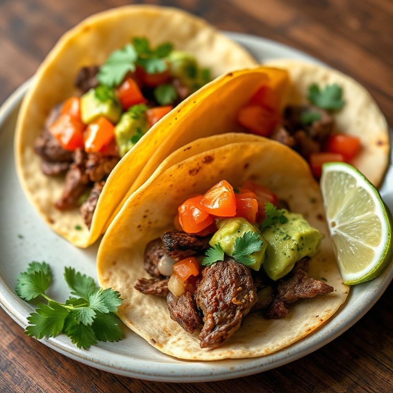 Plated skirt steak tacos with salsa and guac