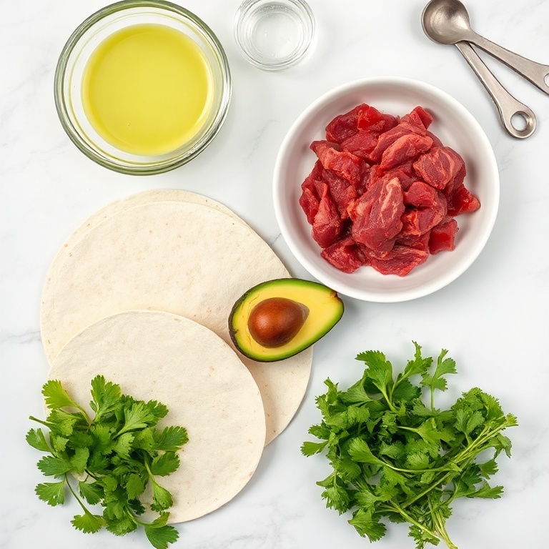 Skirt steak, tortillas, avocado, lime, cilantro