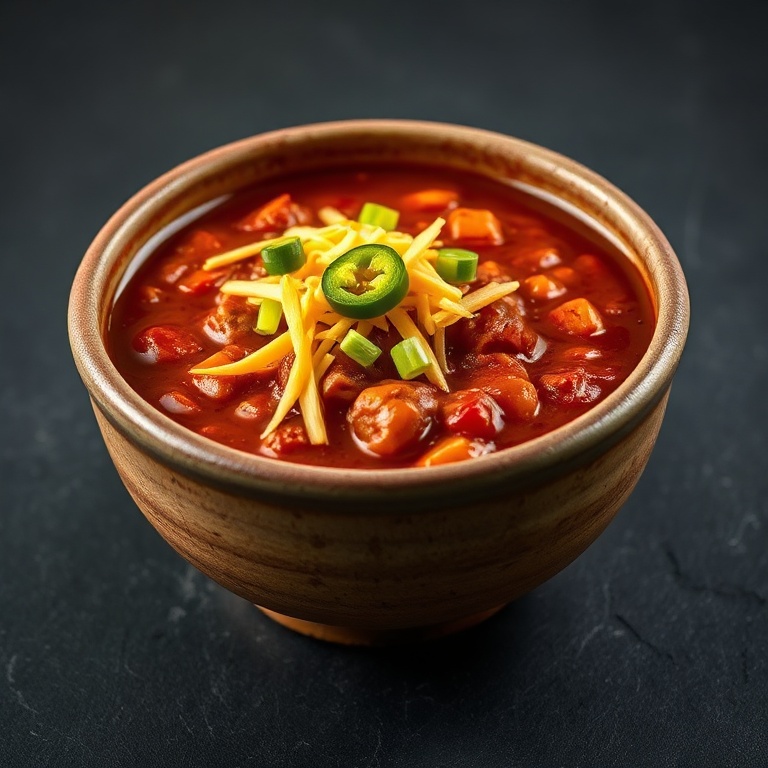 A rustic bowl filled with dense chili, topped with shredded cheddar, green onions, and jalapeño slices under warm side lighting.