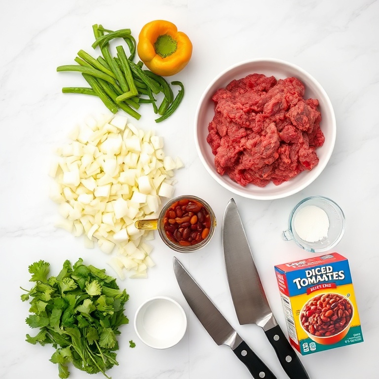 An overhead flat lay of ground beef, onion, bell pepper, kidney beans, diced tomatoes, measuring cups, and a small bowl on a marble surface.