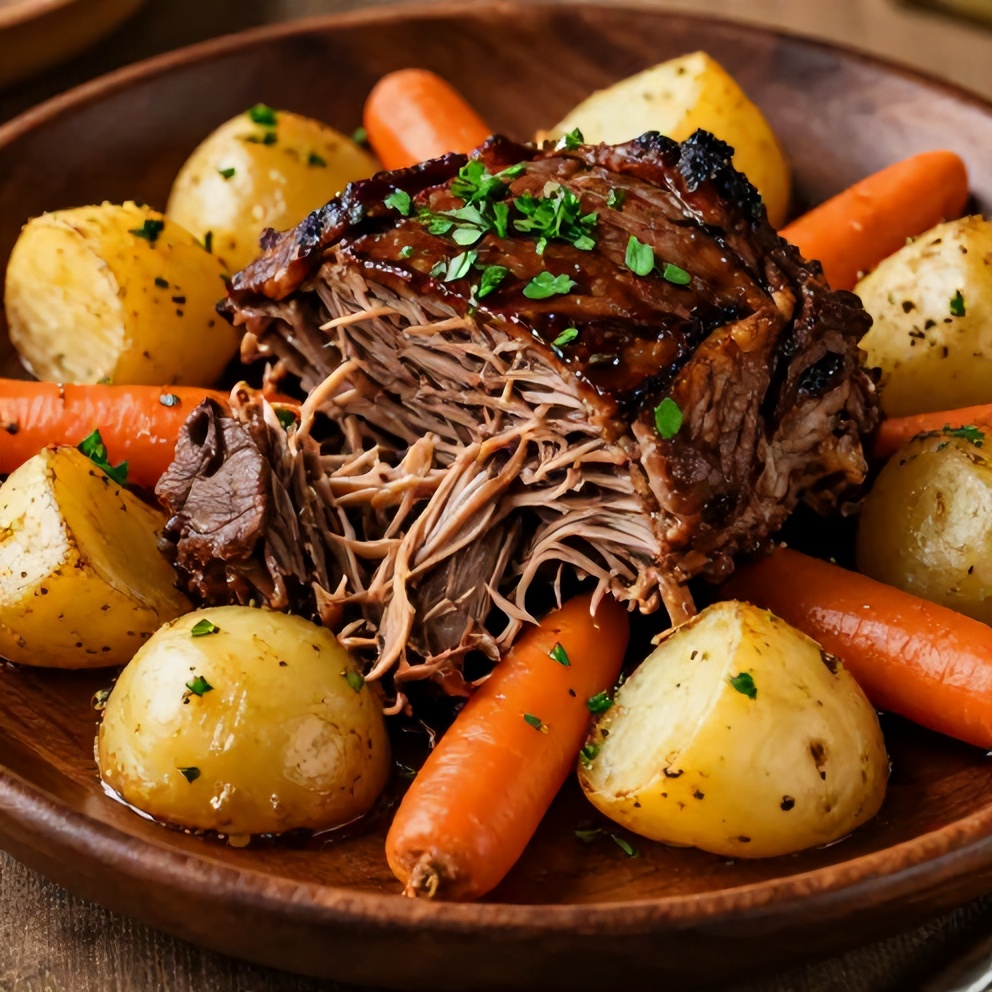 Plated Slow Cooker Chuck Roast with Potatoes and Carrots