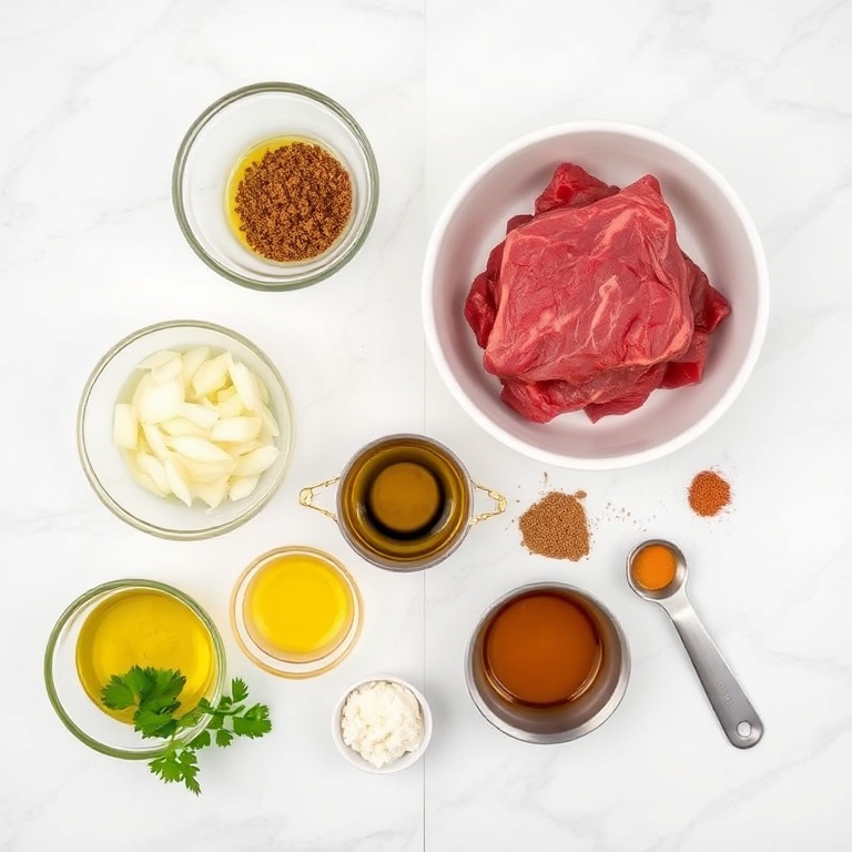 Raw ingredients for slow cooker chuck roast tacos including beef, onion, garlic, and spices