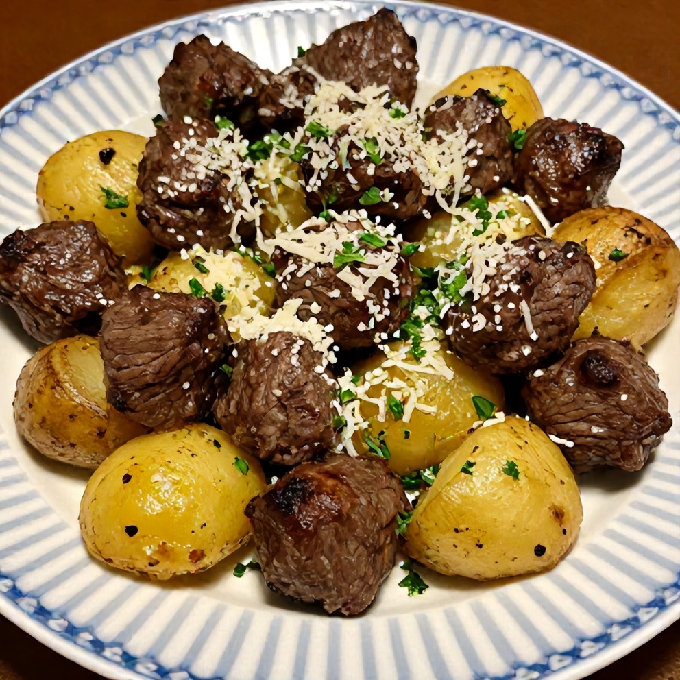 Plated garlic butter beef bites with potatoes