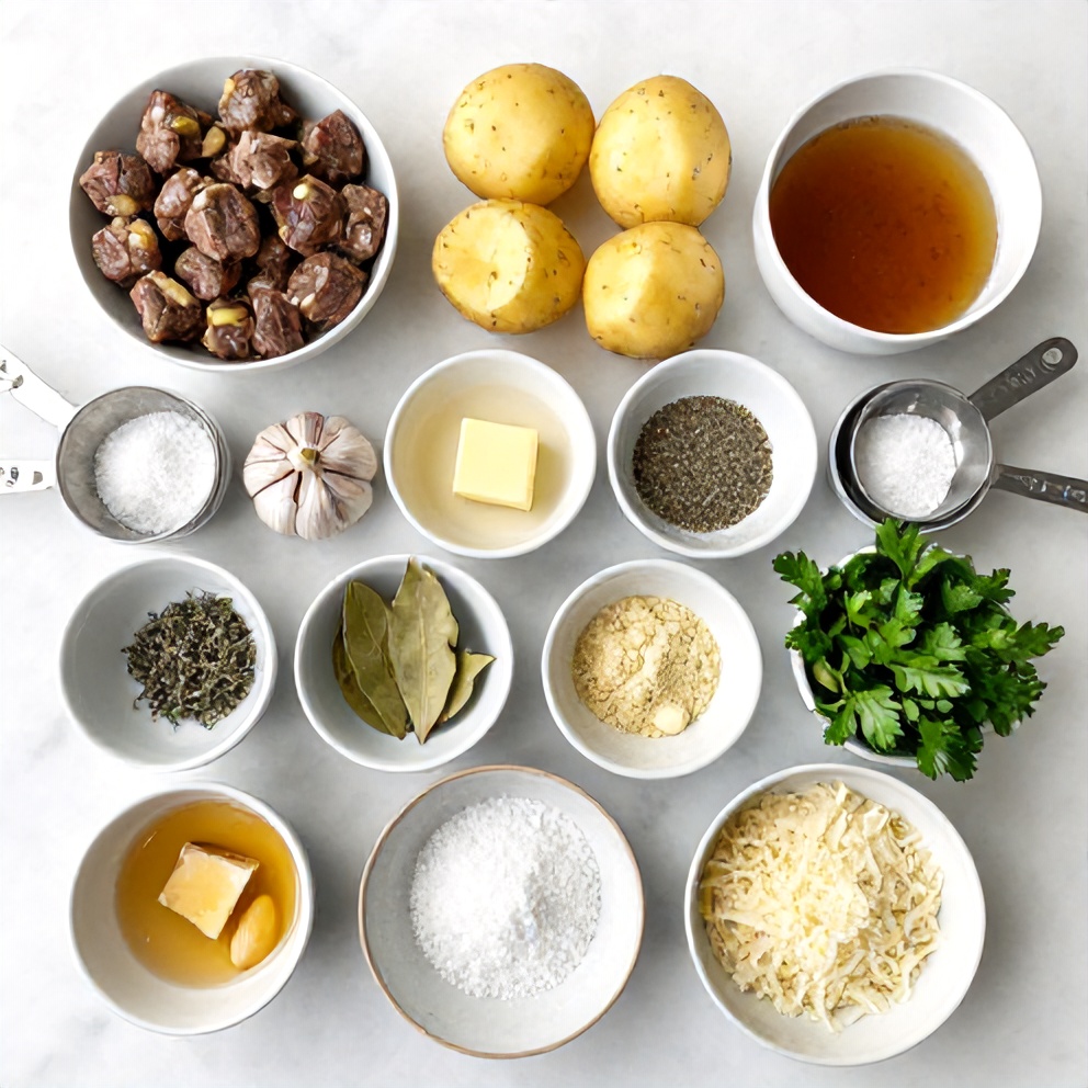 Raw ingredients for garlic butter beef bites with potatoes