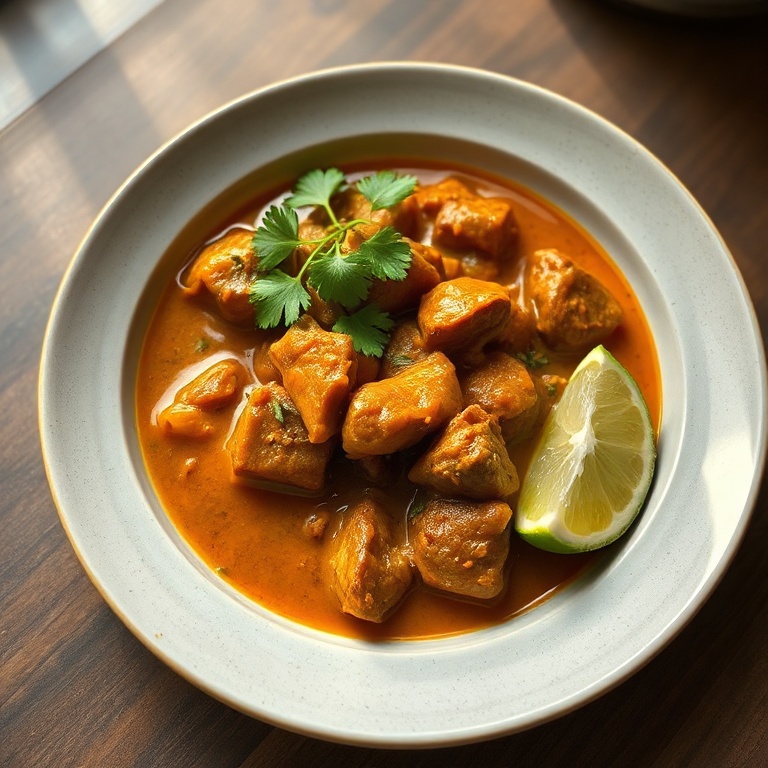 Finished slow cooker Indian beef curry served in a bowl
