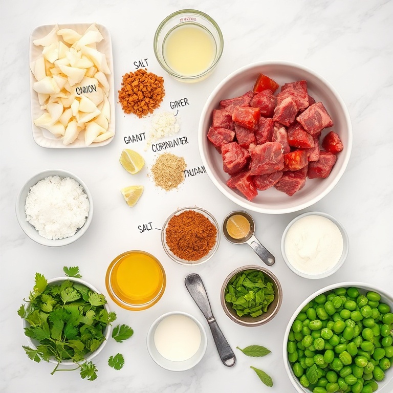 Ingredients of slow cooker Indian beef curry displayed on a wooden surface