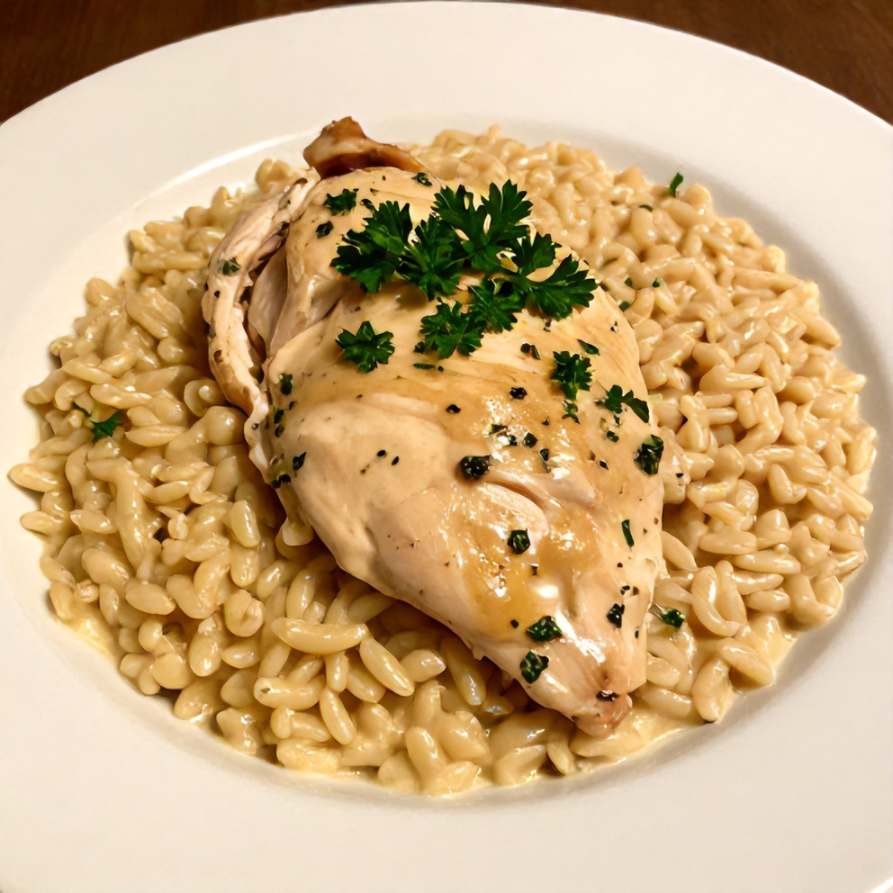 Parmesan Herb Chicken with Creamy Orzo on a plate