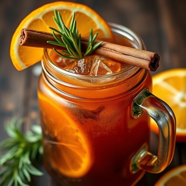 A smoky campfire mule cocktail in a mason jar with a charred cinnamon stick and a slice of orange. The drink is topped with a sprig of rosemary and a twist of orange peel.